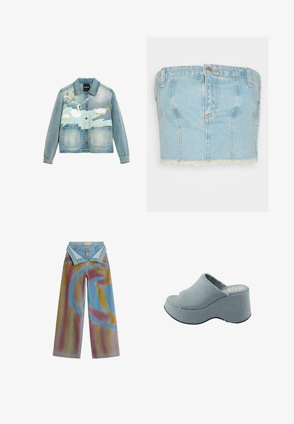 Chaqueta vaquera con cierre de botones, con un cisne blanco bordado, lirios de agua rosas, juncos y montañas en colores pastel suaves.; The Ragged Priest JESSICA CORSET - Top - blue; Jeans vaqueros de pierna ancha con diseño en spray desvanecido multicolor en tonos naranja y púrpura, y formas geométricas azules, doblados en la cintura.; Chancla de plataforma de color azul claro con parte superior de tela deshilachada, diseño de punta abierta, suela gruesa y redondeada, y suela gris texturizada.