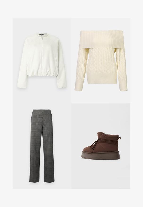 Korte witte jas gemaakt van zacht suède met een ritssluiting aan de voorkant, raglanmouwen en twee zijzakken. Gladde textuur, minimalistisch ontwerp.; Crème off-the-shoulder kabelgebreide trui met geribbelde halslijn en manchetten. Kenmerkt zich door een textuurpatroon en heeft een aansluitende pasvorm.; Geklede broek in een ruitpatroon met een grijze basis, voorzien van zwart-witte checks, een hoge taille en een rechte pijp. Soepele textuur.; Bruin gewatteerd winterboot met dikke zool en trekkoordsluiting tegen een effen lichte achtergrond.