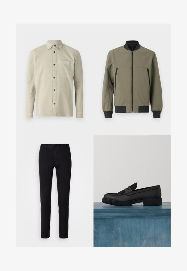 TOM TAILOR DENIM Bomberjakke - jungle soil green; Langærmet skjorte i lyse beige stof. Har en spids krave, en brystlomme og sorte knapper. Enkel, struktureret design.; Sorte bukser lavet af glat bomuldsstof, med en lige ben design, forlommer, en knaplukning og en ren finish.; Sort lædersko uden snørebånd med en tekstureret stofdetalje, en robust gummisål og en glat finish. Har diskrete syningsdetaljer.
