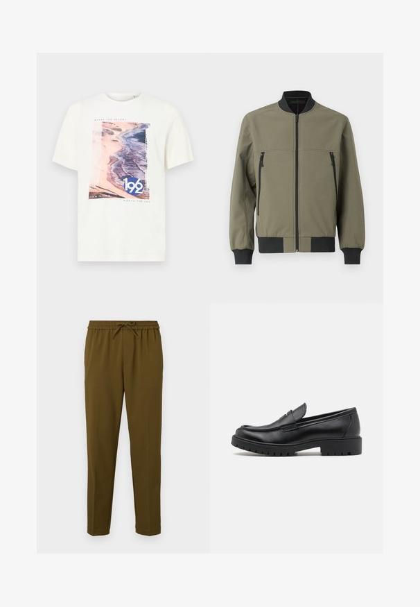 TOM TAILOR DENIM Bombera - jungle soil green; Biele tričko s krátkym rukávom s dizajnom pláže v ružovej a modrej farbe, s textom "192" a "TOM TAILOR MEETS THE SEA". Mäkká bavlnená tkanina.; Olive zelené, ľahké nohavice s elastickým pásom a nastaviteľným šnúrkovým uzáverom. Majú rovné nohy a žiadne vrecká. Hladká textura.; Čierne kožené mokasíny s okrúhlou špičkou, s designom na obúvanie a hrubou gumovou podrážkou s textúrovanou protišmykovou úpravou. Vyvýšený opatok a jemné prešívanie.