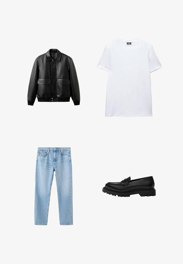 Veste en cuir noire avec un col chemise, deux poches plaquées à l'avant et une fermeture à boutons. Présente une texture lisse et une coupe décontractée.; T-shirt blanc uni en coton à manches courtes avec col rond et étiquette noire de la marque Pull&Bear à l’intérieur du col.; Jean en denim bleu clair à coupe droite, design à cinq poches, avec un léger effet délavé. Doté d'un bouton supérieur et d'une braguette zippée.; Mocassin en cuir noir avec une semelle robuste et texturée. Présente un bord décoratif en couture et un petit talon pour un design contemporain.