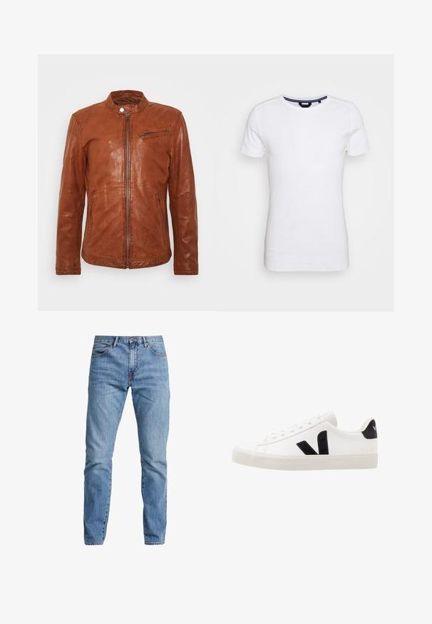 Brun læderjakke med stående krave, lynlås foran, lynlåslomme på brystet og to sidelommer mod en ensfarvet hvid baggrund.; Lindbergh T-shirts basic - white; Lys blå denimjeans med lige pasform, fem-lomme design og lukning med knap og lynlås. Har diskrete syninger og ingen slid.; Hvide lædersneakers med sorte ruskindsdetaljer; har en gummisål, rund tå og klassisk snørebåndsdesign. Side logo i sort.