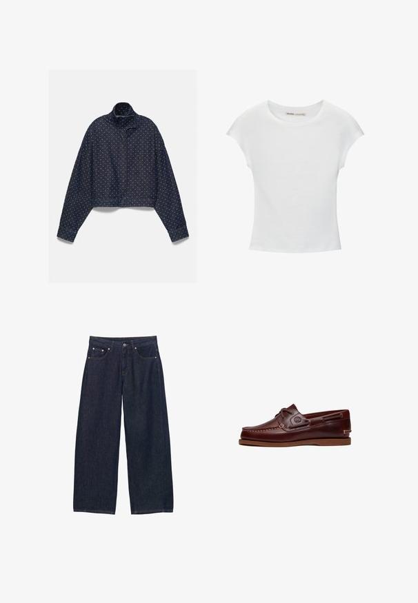 Veste en jean bleu foncé avec des pois bleu clair, col montant, manches longues et fermeture éclair devant sur un fond uni.; T-shirt en coton blanc avec manches courtes retroussées, encolure ronde et ourlet droit. Texture lisse sans motifs ni accents visibles.; Jean en denim bleu foncé à jambes larges avec poches avant, passants pour ceinture et fermeture par bouton à la taille.; Chaussure bateau en cuir marron avec lacets, détails de couture et logo Timberland sur le côté, présentée sur un fond blanc.