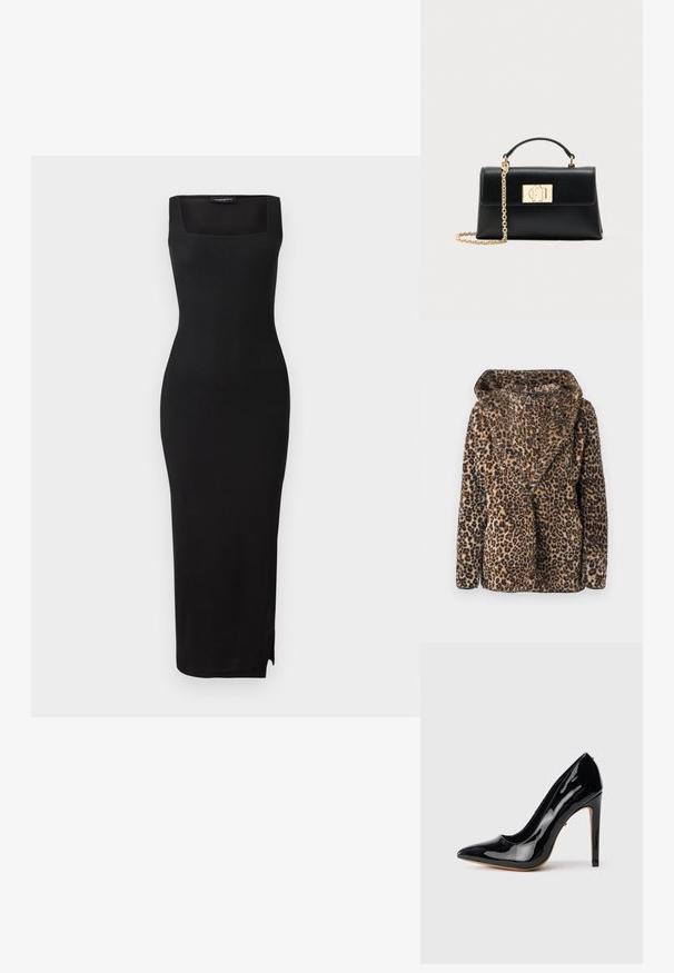 Leopardprint nep bontjas met een brede kraag en lange mouwen, gepresenteerd tegen een effen achtergrond.; Zwarte ribbelgebreide midi-jurk met een vierkante halslijn, een aansluitende silhouette en een zijsplit. Het materiaal heeft een soepele textuur. Eenvoudig ontwerp.; Zwarte lakleren pumps met hoge hak, een puntige neus, een slank silhouet en een dunne stilettohak van 10 cm. Glad, glanzend oppervlak.; Zwarte leren handtas met een gestructureerde vorm, voorzien van een bovenhandgreep en een kettingriem met goudkleurige schakels. Decoratieve gouden hardware met logodetail.