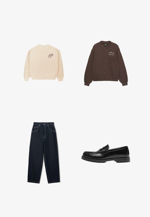 Brun sweatshirtjakke med rundet krave, trykknaplukning, sidelommer og hvid broderet tekst "Steelbrook State Uni." på forsiden.; Beige crewneck sweater med lange ærmer og ribbede manchetter, med en lille mørk broderet skrifttype "P" på venstre bryst.; Mørke indigo straight-leg jeans med hvide kontrastsømme, fem-lomme-design og metalknaplukning ved taljen.; Sort læderloafer med en kraftig gummisål og klassiske penny-strap detaljer, vist fra ydersiden.