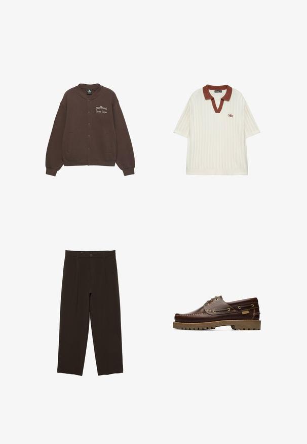 Bruine sweatshirtjas met een ronde kraag, drukknoopsluiting, zijzakken en witte geborduurde tekst "Steelbrook State Uni." op de voorkant.; Wit gebreid poloshirt met korte mouwen, bruine kraag en geborduurde tekst "Easy Mind" op de linkerborst.; Donkerbruine, op maat gemaakte broek met voorplooien, riemlussen, knoopsluiting en rechte, cropped pijpen.; Bruine leren veterschoen voor op een boot met gestikte details en een dikke rubberen zool, gezien vanaf de zijkant.