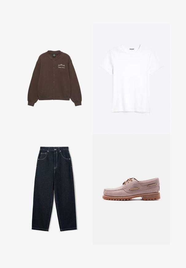 Veste sweat-shirt marron avec col rond, fermeture par boutons-pression, poches latérales et texte brodé en blanc "Steelbrook State Uni." à l'avant.; T-shirt blanc uni à manches courtes et col rond avec une étiquette de la marque WEEKDAY visible au niveau du col, présenté sur un fond clair.; Jean en denim foncé à jambes larges avec des coutures blanches contrastées, cinq poches et une fermeture bouton. Présente un design taille haute.; Chaussure bateau en cuir marron clair avec surpiqûres sur le bout mocassin, lacets en cuir, logo Timberland et semelle en caoutchouc résistante, présentée sur fond blanc.