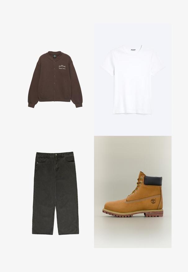 Veste sweat-shirt marron avec col rond, fermeture par boutons-pression, poches latérales et texte brodé en blanc "Steelbrook State Uni." à l'avant.; T-shirt blanc uni à manches courtes et col rond avec une étiquette de la marque WEEKDAY visible au niveau du col, présenté sur un fond clair.; Pantalons larges en denim noir avec taille haute, cinq poches et fermeture à bouton. Texture douce et design droit.; Bottine en cuir marron avec col noir, lacets jaunes et semelle beige. Présente un logo et des détails de couture blanche. Semelle extérieure à traction robuste.