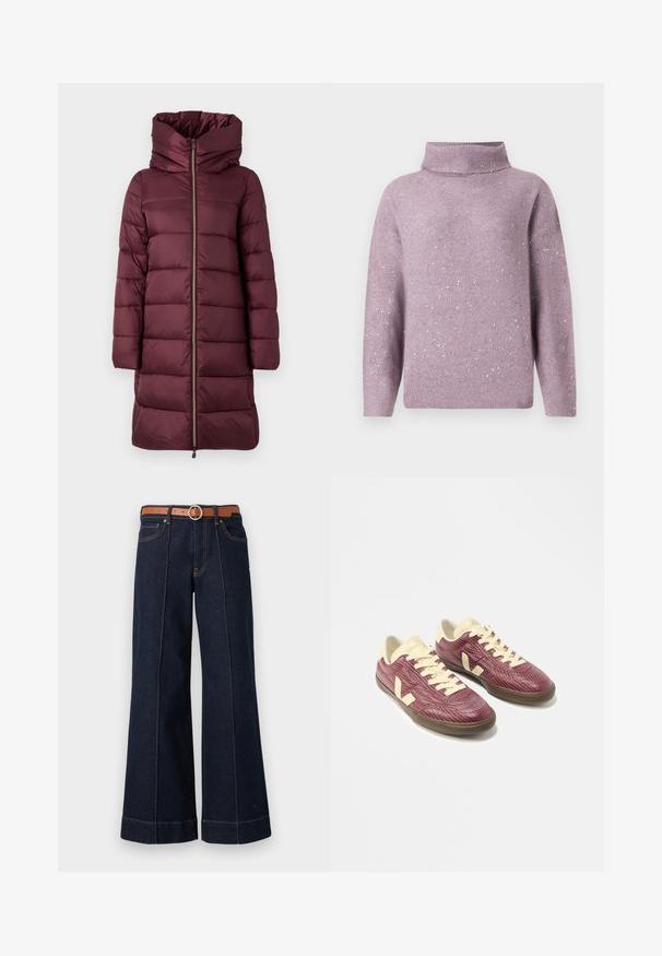 Burgundia värvi pufferjakk kõrge kraega, horisontaalsete õmblustega, lukuga ja eemaldatava kapuutsiga; omab sileda ja läikiva tekstuuri.; Lillakaka värvi kaelusega sweatertopp pikkade varrukatega, soonikkoes mansettide ja äärega, kaunistatud väikeste hõbedaste täppidega kogu kangas.; Tumedast sinisest denimist laiad teksad kõrge vöökohtaga, pruuni vööd ja nähtavad õmblused. sisaldavad eespool taskud ja lõdva istuvuse.; Par jalat madala lõuaga tossud tekstureeritud burgundia pealsete, kreemikate paelte, keelete ja kontsadega ning pruunide kummipõhjadega valgel taustal.