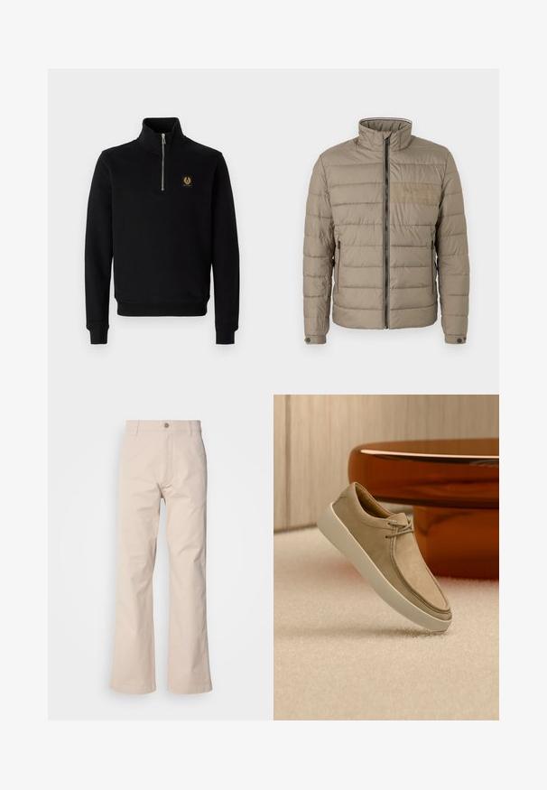 Gepolsterte Jacke in Hellbraun, mit hohem Kragen, Frontreißverschluss und Seitentaschen. Strukturierter Stoff mit horizontalen Nähten und Logo-Akzent.; Schwarzer Reißverschluss-Hoodie aus Baumwollmischung, mit hohem Kragen, gerippten Bündchen und einem goldenen Logo-Patch auf der Brust.; Beige Baumwollhosen mit geradem Beinschnitt, ausgestattet mit einem Knopfverschluss, vorderen Taschen und minimaler Stichdetails.; Beiger Wildleder-Sneaker mit weißer dicker Sohle und Schnürsenkeln, positioniert auf strukturiertem beigen Teppich mit rundem glänzendem braunem Tisch im Hintergrund.