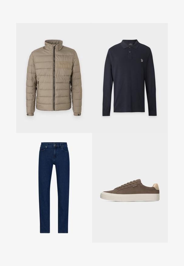 Gepolsterte Jacke in Hellbraun, mit hohem Kragen, Frontreißverschluss und Seitentaschen. Strukturierter Stoff mit horizontalen Nähten und Logo-Akzent.; Marineblaues langärmeliges Poloshirt mit zwei Knöpfen und einem kleinen mehrfarbigen Zebra-Logo auf der linken Brust.; Dunkelblaue Denim-Jeans mit geradem Schnitt, fünf Taschen und einem Knopfverschluss. Verfügt über dezente Nähte und eine glatte Textur.; Brauner Sneaker mit niedrigem Schaft, beigem Fersenlaschen, weißer dicker Sohle und passenden braunen Schnürsenkeln vor einfarbigem Hintergrund.