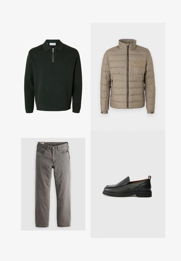 Padded jacket v svetlo hnedej farbe, s vysokým golierom, predným zipsom a bočnými vreckami. Texturovaná tkanina s horizontálnym šitím a logom ako akcentom.; Tmavozelený polokošeľový sveter s dlhým rukávom, zipsom na golieri a rovnom lemom.; Sivé džínsy z denimu so strihaním rovného strihu, dizajnom s piatimi vreckami a zapínaním na gombíky; bez viditeľných vzorov alebo akcentov; mierne vyblednutý povrch.; Čierne kožené slip-on topánky s okrúhlym špičkou, textúrovaným zvrškom, kontrastným červeným prešívaním a nízkym podpätkom. Obsahujú slučkový úchyt.