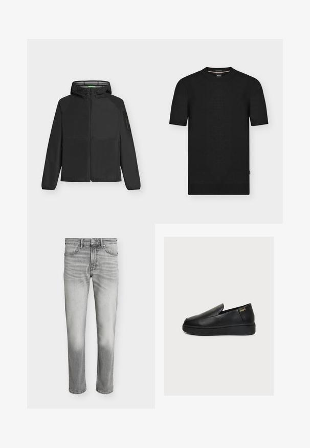 BOSS OW VISIT - Καλοκαιρινό μπουφάν - black; Μαύρο πλεκτό πουλόβερ με κοντά μανίκια, ριμπ λαιμόκοψη, μανσέτες και στρίφωμα, με μικρό πλαϊνό ταμπελάκι και εσωτερική ετικέτα στο γιακά με το λογότυπο.; Ανοιχτό γκρι τζιν με ίσια γραμμή, μπροστινές τσέπες, θηλιές για ζώνη, κλείσιμο με κουμπί και διακριτικές ξεθωριάσεις στους μηρούς και στα γόνατα.; Μαύρο δερμάτινο slip-on παπούτσι πλατφόρμα με χοντρή σόλα και μικρό χρυσό λογότυπο "HUGO" κοντά στη φτέρνα σε απλό φωτεινό φόντο.