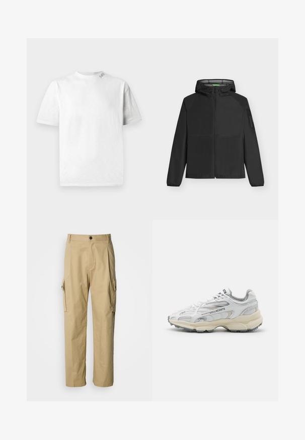BOSS OW VISIT - Leichte Jacke - black; Weißes Kurzarm-T-Shirt mit Rundhalsausschnitt, das über eine subtile Textur und ein kleines Logodetail auf der linken Schulter verfügt.; Beige Cargo-Hosen aus strapazierfähigem Stoff, mit lockerem Schnitt, Seitentaschen und Knopfverschluss an der Taille.; Weiße Sportschuhe mit grauen Akzenten, Obermaterial aus Mesh und Synthetik, Schnürdesign und rutschfester Gummisohle mit Strukturmustern.
