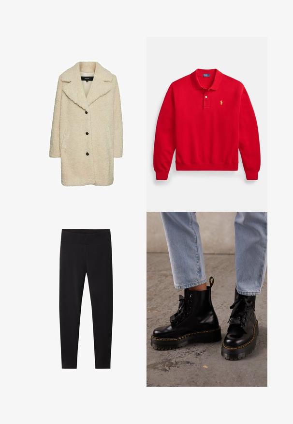 Vero Moda Teddy VMKYLIE - Wintermantel - oatmeal; Rood poloshirt met lange mouwen gemaakt van katoen, voorzien van een inzet met drie knopen, geribde manchetten en een klein geel logo op de borst.; Zwarte legging met een brede, elastische tailleband. Gemaakt van een gladde, rekbare stof, ontworpen voor een aansluitende pasvorm en zonder zichtbare patronen.; Persoon draagt lichtblauwe spijkerbroek en zwarte leren veterplatformlaarzen met gele stiksels op een betonnen vloer.