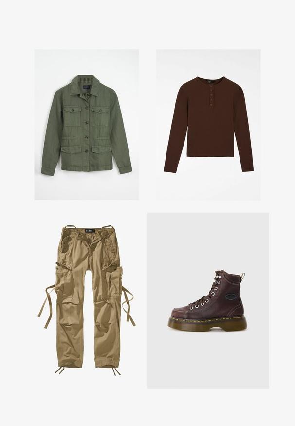Groene katoenen jack met een kraag, twee borstzakken en zijzakken. Voorzien van knoopsluiting en een gestructureerde stof.; Bruine lange mouw shirt gemaakt van geribd materiaal, met een ronde hals, een knoopsluiting met vijf knopen, en een rechte zoom.; Kaki cargobroek van katoen met meerdere zijzakken, trekkoorden bij de enkels en knoopaccenten. Strakke lijnen en stevige stof.; Bruine leren enkelboot met een gestructureerd oppervlak, zilveren ogen en gele stiksels. Voorzien van een stevige doorzichtige zool en een trekband.