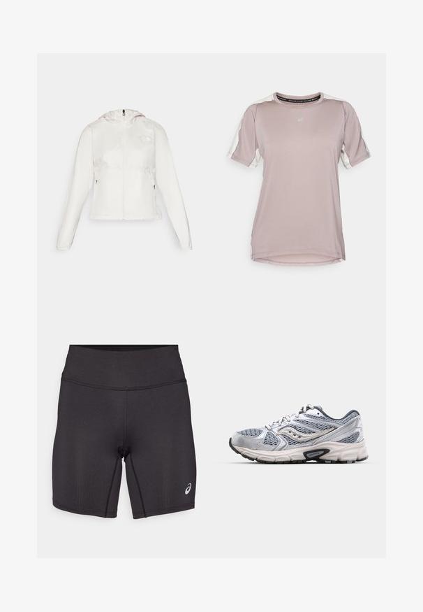Hvid letvægtsjakke med lynlås foran, hætte og elastiske manchetter. Har lynlåslommer på siderne og et logo på venstre bryst.; ASICS FUJITRAIL ELITE TOP - Sports T-shirts - rainstorm grey/cream; Sorte atletiske shorts med en glat tekstur, tætsiddende design og høj talje. Har kontrasterende syninger og et lille logo på underbenet.; Sølv løbesko med mesh-overdel, polstret sål og grå accenter. Har en rund tå og snørebåndsdesign. Branded logo synlig.
