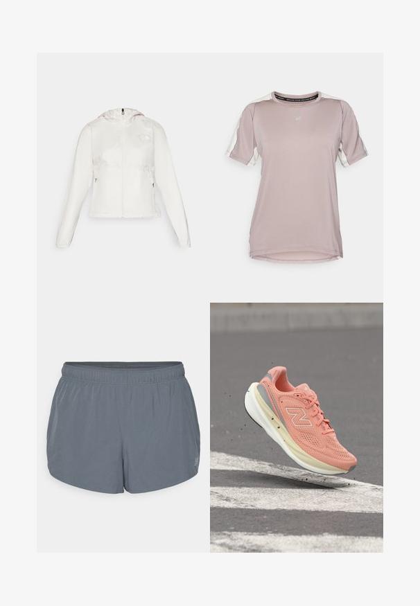 Hvid letvægtsjakke med lynlås foran, hætte og elastiske manchetter. Har lynlåslommer på siderne og et logo på venstre bryst.; ASICS FUJITRAIL ELITE TOP - Sports T-shirts - rainstorm grey/cream; Grå athletic shorts med en blød tekstur, elastisk talje og en let buet kant. Har små perforeringer for åndbarhed.; Lyserød New Balance løbesko med hvid sål, fanget i luften over en grå asfaltflade med hvide vejmarkeringer.