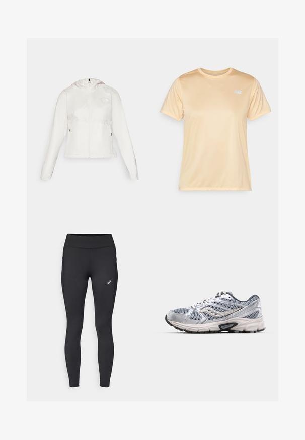 Chaqueta ligera blanca con cierre frontal, capucha y puños elásticos. Presenta bolsillos laterales con cremallera y un logo en el lado izquierdo del pecho.; New Balance SPORTS ESSENTIALS T-SHIRT WOMENS TOP-36327 - Camiseta básica - peach blossom; ASICS CORE WINTER - Mallas térmicas - performance black; Zapatilla de correr plateada con parte superior de malla, suela acolchada y detalles en gris. Presenta una punta redondeada y un diseño con cordones. Logo de la marca visible.