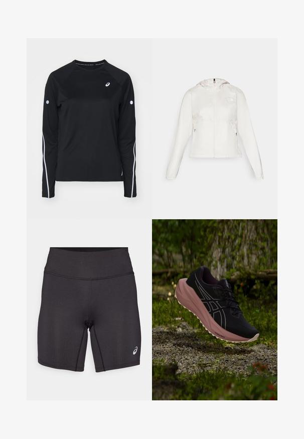 Veste légère blanche avec fermeture éclair sur le devant, capuche et poignets élastiques. Comprend des poches latérales zippées et un logo sur la poitrine gauche.; T-shirt de sport noir à manches longues avec des manches raglan, bandes réfléchissantes blanches sur les côtés et col rond. Présente un petit logo sur la poitrine.; Shorts de sport noirs avec une texture lisse, un design ajusté et une taille haute. Ils présentent des coutures contrastantes et un petit logo sur la jambe inférieure.; Chaussure de course noire et rose suspendue au-dessus de gravier et de mousse dans un environnement forestier extérieur.