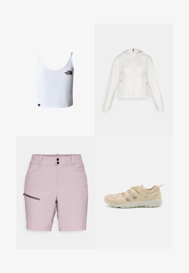 Witte lichtgewicht jas met een ritssluiting aan de voorkant, capuchon en elastische manchetten. Beschikt over ritszakken aan de zijkanten en een logo op de linkerborst.; Witte cropped tanktop met dunne bandjes, met het zwarte The North Face-logo op de borst en vlak bij de onderzoom.; Lichtpaarse shorts met een gladde textuur, voorzien van een ritszak aan de zijkant, twee voorzakken en een tailleband met twee knopen.; Beige sportschoenen met gaaspanelen, getextureerde accenten en een rubberen zool. Voorzien van een vetersluiting en een trekband aan de hiel.
