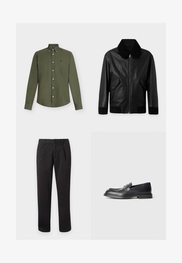 Veste en cuir noire avec fermeture éclair sur le devant, deux poches à rabat avec bouton-pression, poignets et ourlet côtelés, et un col en shearling doux noir.; Chemise olive à manches longues avec boutons et col boutonné, petit logo brodé sur la poitrine gauche.; Pantalon en coton noir avec une coupe à taille plate, jambes droites, et fermeture par bouton. Comprend des poches latérales et des détails de couture visibles.; Mocassins en cuir noir avec une finition texturée, dotés d'une bride décorative à l'avant et d'un bout arrondi. Semelle en caoutchouc pour plus de durabilité.