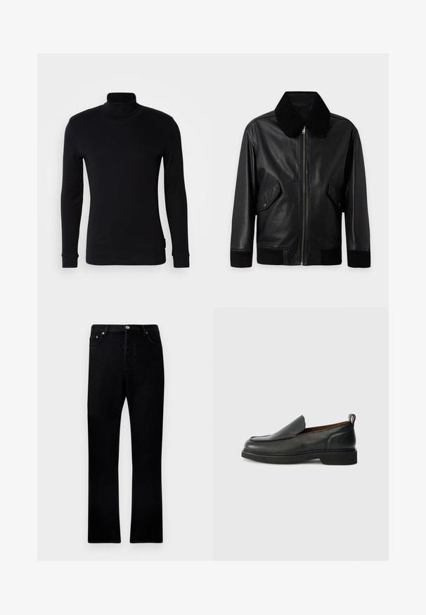 Sort læderjakke med frontlynlås, to lommer med klap og trykknap, ribstrikkede manchetter og kant samt en blød sort pelskrave.; Sort langærmet turtleneck-trøje lavet af blødt stof. Har et tætsiddende design med ribbede manchetter og en glat overflade. Ingen mønstre eller logoer.; Sorte denimjeans med lige pasform, fem-lomme design og metalliske hardware detaljer foran. Struktureret stof med en glat overflade.; Sorte læder slip-on sko med rund tå, struktureret overdel, kontrasterende rød syning og lav hæl. Funktioner en løkke pull tab.