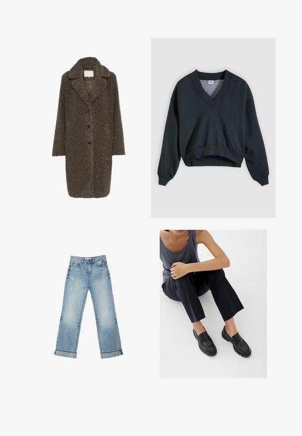 Brun, struktureret, oversized frakke med reverskrave, foran knapper og lange ærmer. Lavet af blødt stof for varme.; Sort cropped sweatshirt med lange ærmer, V-hals og ribkant ved ærmer og bund, vist fladt på en lys grå baggrund.; Lyseblå cowboybukser med vide ben, opkrogede kanter og let slid foran ved lommerne og lårene.; Sorte læderloafers med teksturerede detaljer, lav hæl, rund tå og synlige syninger. Modellen bærer mørke bukser og en grå top.
