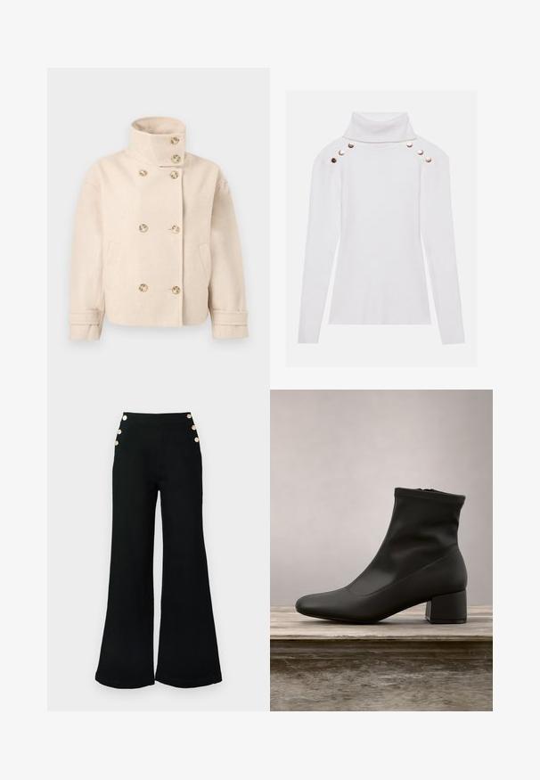 Veste croisée en laine couleur crème avec col montant, six boutons, deux poches latérales et bracelets de manche réglables.; Anna Field Pullover - off-white; Pantalon noir taille haute en denim. Coupe à jambes larges avec quatre boutons dorés en décoration sur le côté. Texture lisse et coupe ajustée.; Bottine noire à finition en cuir lisse et brillante, talon bloc incliné, et tige ajustée élastiquée pour une silhouette élégante.