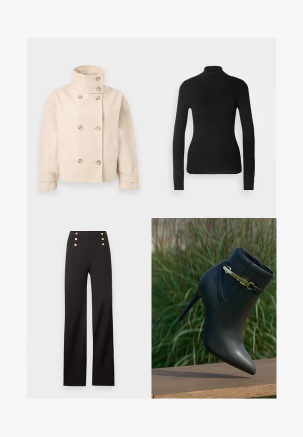Flødefarvet uld dobbeltbrystet jakke med stående krave, seks knapper, to sidelommer og justerbare manchetstropper.; Sort turtleneck sweater lavet af let strikket stof. Har lange ærmer, et tætsiddende design og en blød ribbet tekstur.; Sort, højhøjet bukser med vide ben og seks guldknapper arrangeret i to lodrette rækker nær linningen.; Sorte højhælede ankelstøvler med spids tå og guldspænde, præsenteret på en træoverflade med grønne planter i baggrunden.