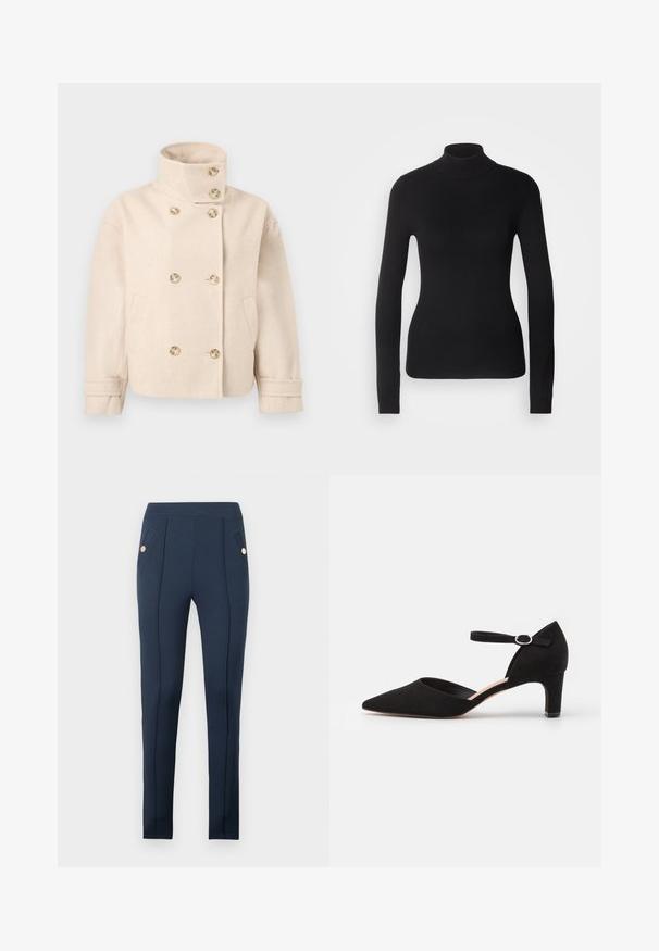 Flødefarvet uld dobbeltbrystet jakke med stående krave, seks knapper, to sidelommer og justerbare manchetstropper.; Sort turtleneck sweater lavet af let strikket stof. Har lange ærmer, et tætsiddende design og en blød ribbet tekstur.; Mørkeblå slim-fit bukser med sydd foran sømme og skrå side lommer, hver med en enkelt rund guldknap.; Sort ruskinds pumps med spids tå, ankelrem med cirkulær spænde og en lav blokhæl. Glat tekstur og minimalistisk design.