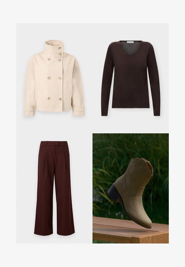 Veste croisée en laine couleur crème avec col montant, six boutons, deux poches latérales et bracelets de manche réglables.; Pull marron foncé à manches longues avec col en V, design épuré et petite étiquette de marque à l’intérieur de l’encolure.; Pantalon à jambes larges et taille haute de couleur marron foncé, avec passants de ceinture et plis sur le devant, présenté sur un fond blanc uni.; Bottine en daim couleur fauve avec surpiqûres décoratives et petit talon carré, posée au bord d'une surface en bois en extérieur.