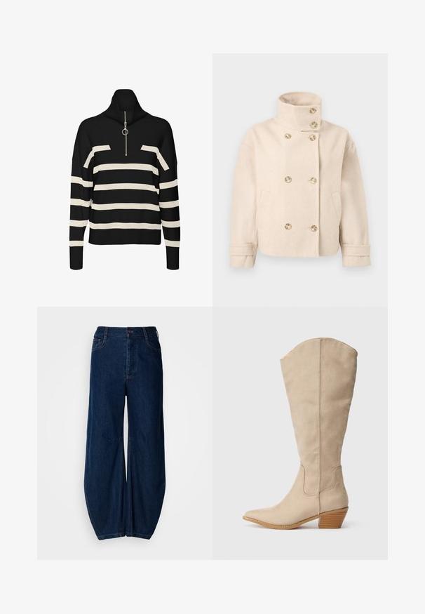 Chaqueta cruzada de lana color crema con cuello de pie, seis botones, dos bolsillos laterales y correas ajustables en los puños.; Suéter de cuello alto a rayas negro y crema con cierre de cremallera en el cuello, que presenta un corte holgado y una textura de punto. Acentuado con un detalle de hardware plateado.; Pantalones vaqueros de mezclilla de pierna ancha en azul oscuro con una cintura alta, cierre de botón y dos bolsillos frontales. Presentan una textura suave y costuras visibles.; Bota de ante beige hasta la rodilla con punta afilada, tacón apilado y detalles de costura visibles. Textura suave con un diseño simple.