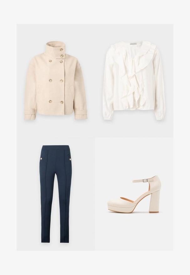 Veste croisée en laine couleur crème avec col montant, six boutons, deux poches latérales et bracelets de manche réglables.; Blouse blanche avec un devant à volants, tissu doux, manches longues et fermetures à boutons. Présente un col structuré et des poignets froncés.; Pantalon slim bleu marine avec coutures avant surpiquées et poches latérales inclinées, chacune ornée d'un bouton rond en or unique.; Talons compensés de couleur crème avec un bout rond et une bride de cheville réglable. Présente un talon épais avec une légère accent en bois.