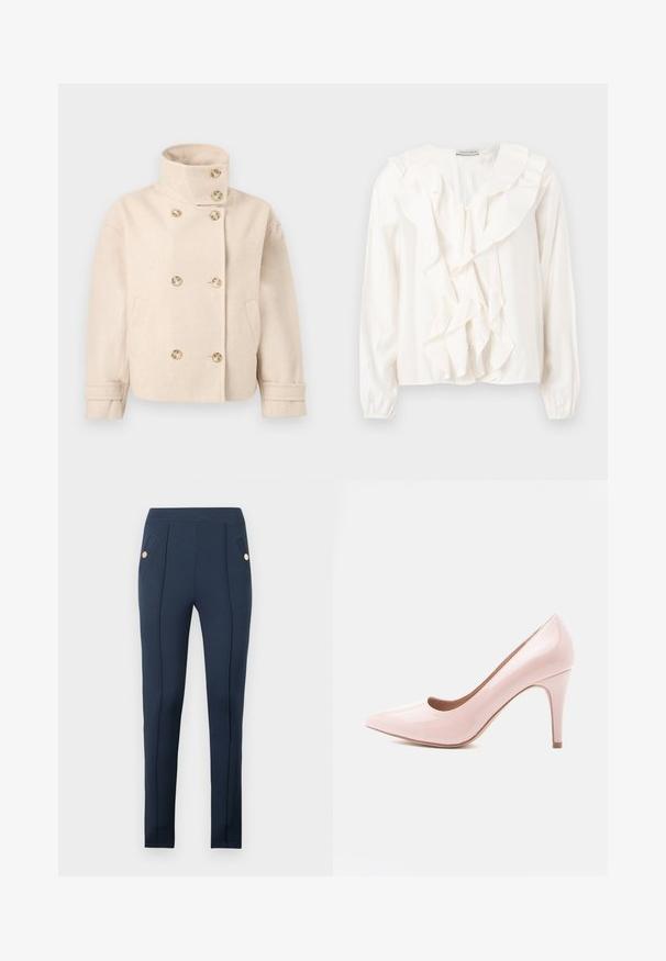 Veste croisée en laine couleur crème avec col montant, six boutons, deux poches latérales et bracelets de manche réglables.; Blouse blanche avec un devant à volants, tissu doux, manches longues et fermetures à boutons. Présente un col structuré et des poignets froncés.; Pantalon slim bleu marine avec coutures avant surpiquées et poches latérales inclinées, chacune ornée d'un bouton rond en or unique.; Chaussure à talon haut en cuir verni rose, à bout pointu et talon fin. Texture lisse avec une finition brillante. Aucun accent ou motif visible.