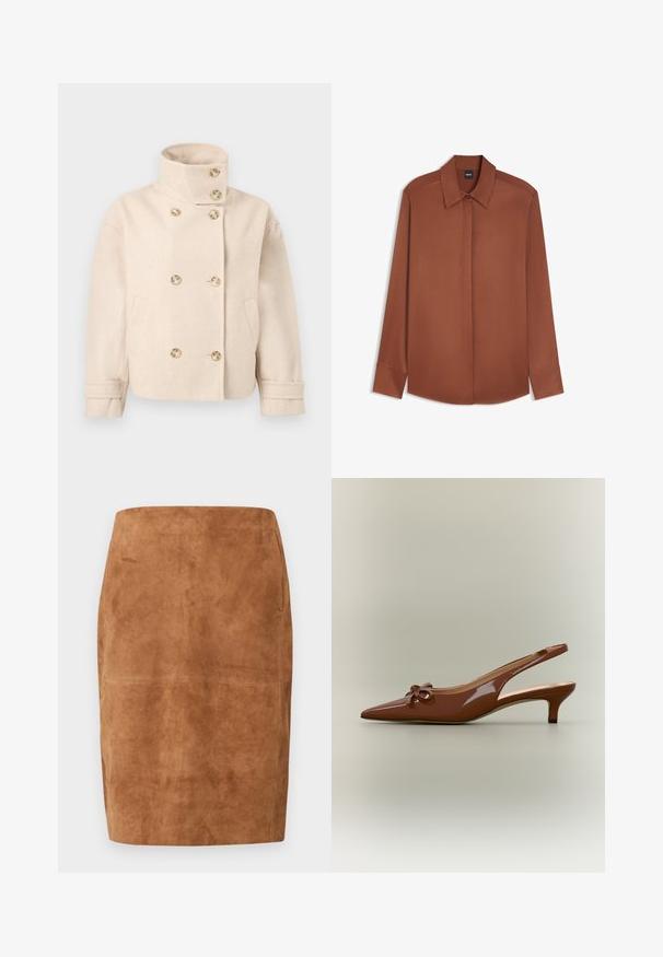 Veste croisée en laine couleur crème avec col montant, six boutons, deux poches latérales et bracelets de manche réglables.; Chemise marron à manches longues avec col et boutons avant cachés, posée à plat sur fond blanc.; Jupe crayon en daim marron avec taille haute et ourlet au genou, dotée de détails de couture subtils.; Chaussure slingback à talon kitten en cuir verni marron, avec bout pointu et petit nœud sur le devant.