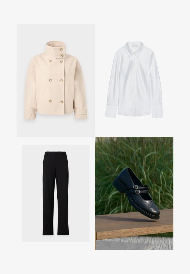 Chaqueta cruzada de lana color crema con cuello de pie, seis botones, dos bolsillos laterales y correas ajustables en los puños.; Camisa blanca de manga larga con un collar clásico, que presenta un cierre frontal de botones y una textura suave, fabricada con una tela ligera con un sutil brillo.; Pantalones de vestir negros de corte recto con trabillas para cinturón y sin bolsillos visibles, mostrados sobre un fondo gris claro sencillo.; Zapato Mary Jane negro de cuero con dobles correas con hebillas y detalles brogue, flotando sobre un banco de madera con fondo de césped verde.
