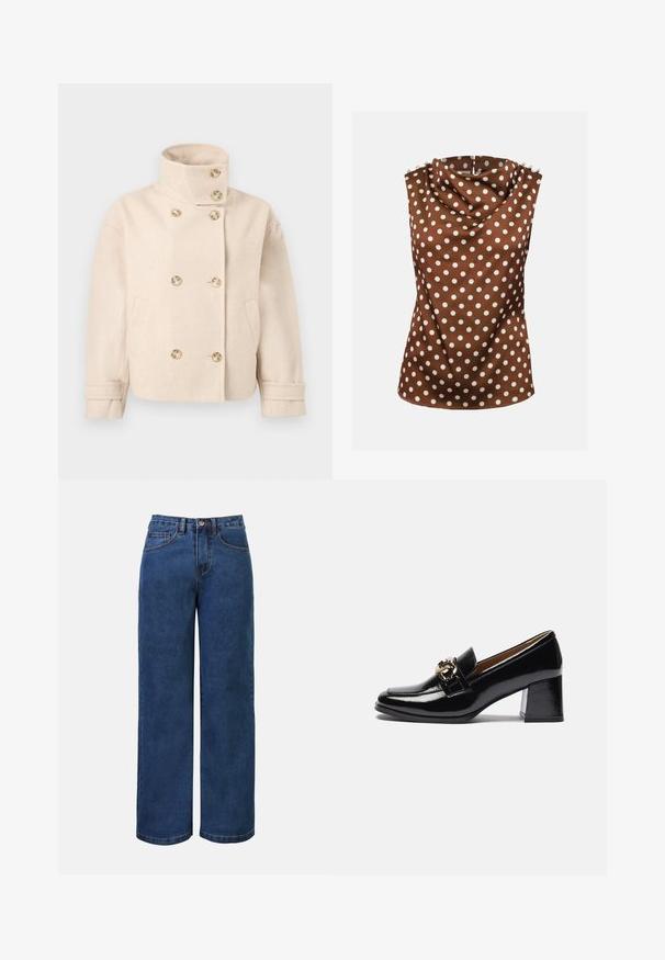 Doppelreihige Jacke aus cremefarbenem Wollstoff mit Stehkragen, sechs Knöpfen, zwei Seitentaschen und verstellbaren Manschettenschlaufen.; Ärmellose braune Bluse mit weißen Polka-Punkten, drapiertem hohem Ausschnitt und dekorativen Knöpfen auf den Schultern.; Dunkelblaue Jeans im weit geschnittenen Design mit hoher Taille, ausgestattet mit einem Knopfverschluss, Gürtelschlaufen sowie vorderen und hinteren Taschen. Glatte Textur.; Schwarze Lacklederschuhe mit Absatz, runder Zehenpartie, kräftigerem Absatz und einem goldfarbenen Hardware-Akzent auf dem vorderen Riemen.
