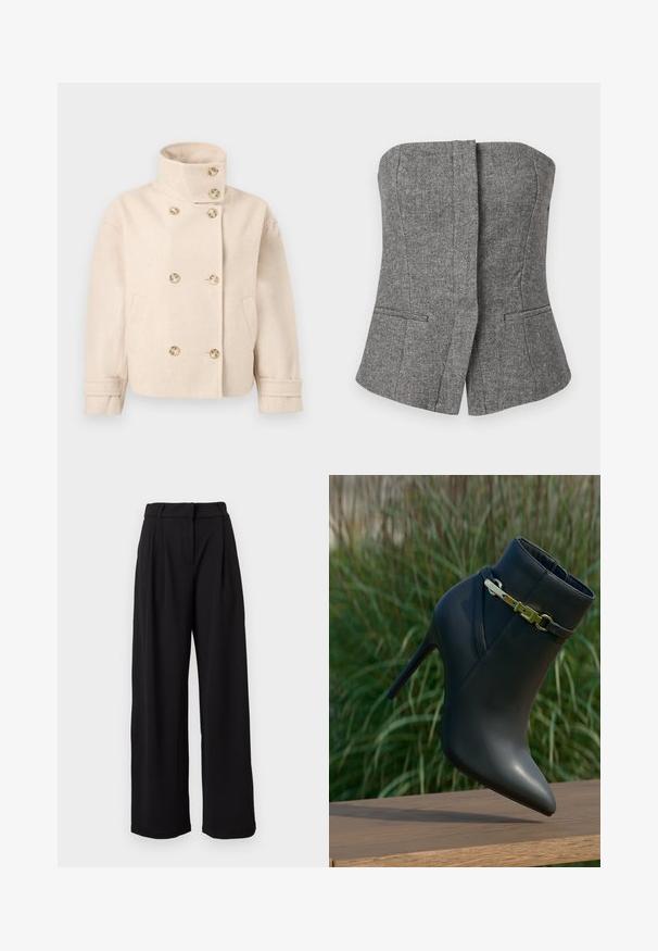 Veste croisée en laine couleur crème avec col montant, six boutons, deux poches latérales et bracelets de manche réglables.; Gilet sans bretelles gris à motif chevrons avec une coupe ajustée et deux poches passepoilées à l'avant.; Pantalon noir taille haute à jambes larges avec passants pour ceinture et fermeture éclair frontale, présenté sur un fond blanc.; Bottine noire à talons hauts avec un bout pointu et un détail de boucle en or, exposée sur une surface en bois avec un arrière-plan de feuillage vert.
