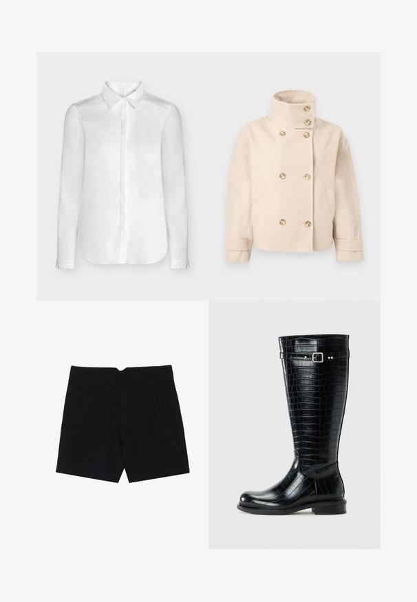 Veste croisée en laine couleur crème avec col montant, six boutons, deux poches latérales et bracelets de manche réglables.; Blouse blanche à manches longues pour femme avec col pointu, patte de boutonnage cachée et poignets froncés sur fond uni.; Shorts noirs en tissu lisse, avec des poches latérales, une coupe ajustée et des plis structurés à l'avant pour une silhouette épurée.; Botte noire hauteur genou avec texture crocodile, bout rond, petit talon carré et une sangle à boucle argentée près du haut.