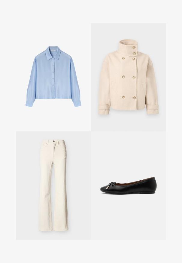 Veste croisée en laine couleur crème avec col montant, six boutons, deux poches latérales et bracelets de manche réglables.; Chemise bleu clair en satin à manches longues, avec un devant boutonné, un col classique et des poignets. Texture lisse avec une coupe décontractée.; Jean taille haute couleur blanc cassé avec bouton à l'avant, fermeture éclair, poches avant et arrière, et coupe légèrement évasée au niveau des jambes.; Ballerine plate en cuir noir avec un bout arrondi, un petit nœud aux extrémités dorées et un talon plat et bas sur fond gris.