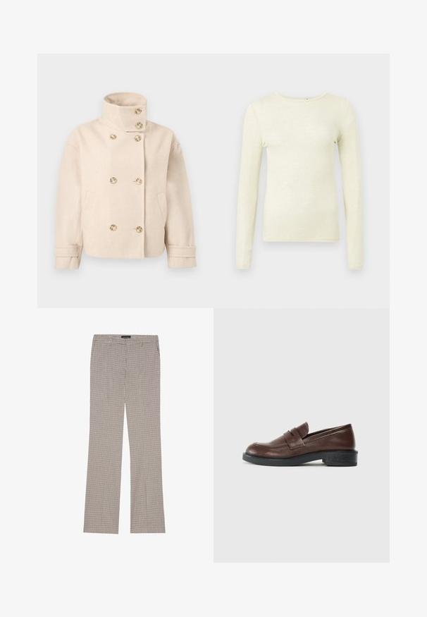 Veste croisée en laine couleur crème avec col montant, six boutons, deux poches latérales et bracelets de manche réglables.; Haut à manches longues en tissu jaune clair doux. Il présente un col rond et une coupe ajustée, avec une texture lisse et des détails de couture minimalistes.; Pantalons à motif check noir et blanc, fabriqués en tissu léger. Caractéristiques d'un design à jambe droite et d'une taille avec passants de ceinture.; Mocassins en cuir marron avec un bout arrondi, présentant une sangle décorative sur le dessus, et un talon bas en caoutchouc noir texturé.