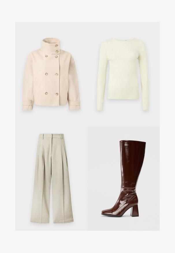 Veste croisée en laine couleur crème avec col montant, six boutons, deux poches latérales et bracelets de manche réglables.; Haut à manches longues en tissu jaune clair doux. Il présente un col rond et une coupe ajustée, avec une texture lisse et des détails de couture minimalistes.; Pantalon à jambes larges en tissu gris clair avec une finition texturée, présentant des plis à l'avant et une ceinture plate, sans poches visibles.; Bottes en cuir verni marron jusqu'aux genoux avec un bout carré, finition brillante et un talon épais pour la stabilité. Design sans couture sans matériel visible.