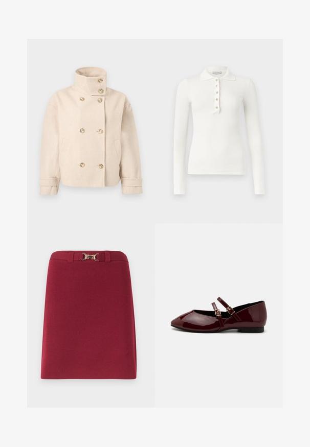 Veste croisée en laine couleur crème avec col montant, six boutons, deux poches latérales et bracelets de manche réglables.; Polo blanc à manches longues côtelé avec cinq boutons et un col rabattu sur un fond uni.; Jupe bordeaux longueur genou avec passants de ceinture et détail boucle mors dorée à la taille.; Anna Field Babies - dark red