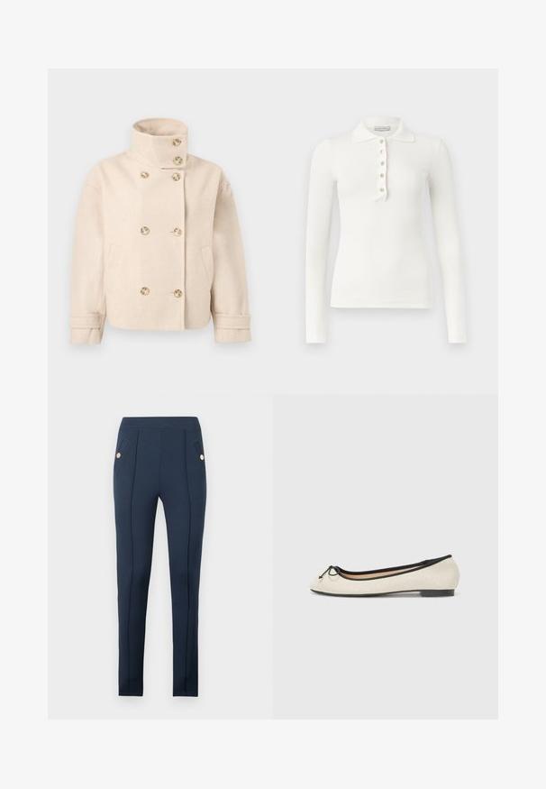 Doppelreihige Jacke aus cremefarbenem Wollstoff mit Stehkragen, sechs Knöpfen, zwei Seitentaschen und verstellbaren Manschettenschlaufen.; Weißes, langärmeliges, geripptes Poloshirt mit fünf Knöpfen und einem umgeschlagenen Kragen vor schlichtem Hintergrund.; Marineblaue Slim-Fit-Hose mit aufgenähten Vordernähten und schrägen Seitentaschen, jeweils mit einem einzelnen runden goldenen Knopf versehen.; Balletschuh aus beigem Textil mit schwarzem Rand. Mit einer abgerundeten Schuhspitze und einem kleinen Schleifenakzent an der Vorderseite. Flache Sohle.