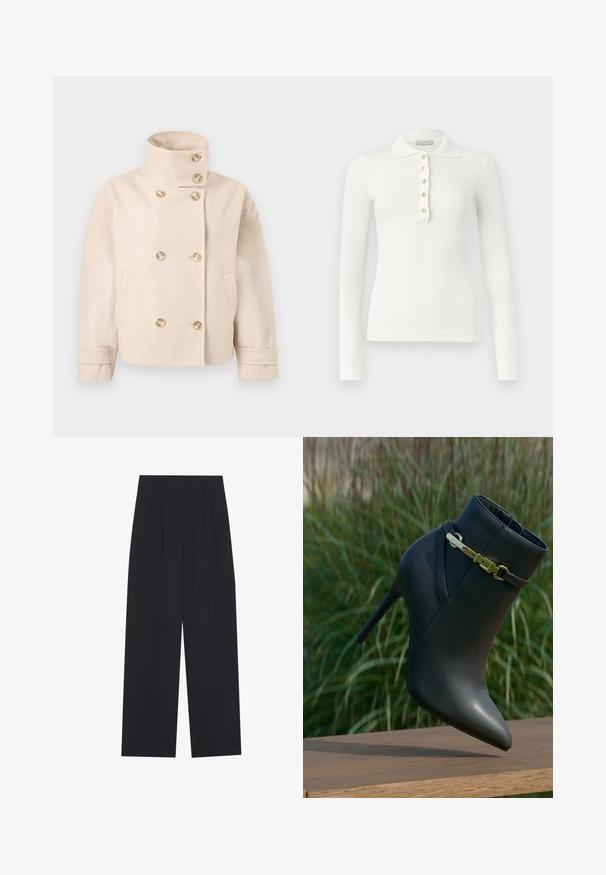 Chaqueta cruzada de lana color crema con cuello de pie, seis botones, dos bolsillos laterales y correas ajustables en los puños.; Polo blanco de manga larga con canalé, cinco botones y cuello vuelto sobre un fondo liso.; Pantalones anchos negros de tela suave, con pliegues, cinturilla plana y sin bolsillos ni adornos visibles.; Botín negro de tacón alto con punta afilada y detalle de hebilla dorada, exhibido sobre una superficie de madera con un fondo de follaje verde.