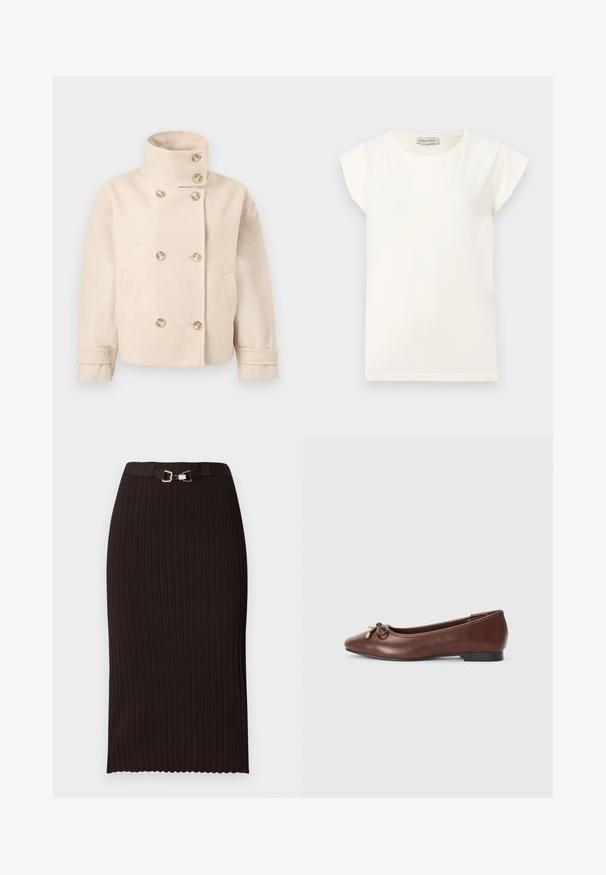 Veste croisée en laine couleur crème avec col montant, six boutons, deux poches latérales et bracelets de manche réglables.; T-shirt blanc à manches courtes avec un col rond et une coupe décontractée. Confectionné en tissu doux, avec une texture lisse et un design minimaliste.; Jupe crayon noire côtelée avec une taille ceinturée comportant une boucle en métal, tissu texturé, longueur genou, et ourlet festonné.; Ballerines en cuir marron avec un bout rond, un petit talon noir et un nœud décoratif avec des accents dorés à l'avant. Texture lisse.