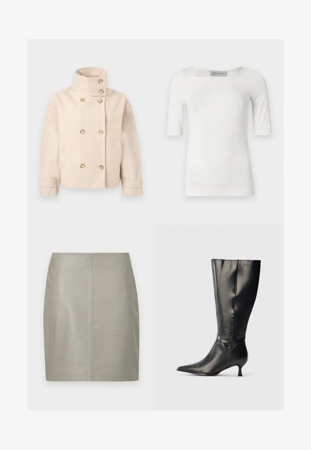 Veste croisée en laine couleur crème avec col montant, six boutons, deux poches latérales et bracelets de manche réglables.; Haut blanc à manches courtes avec un décolleté carré, fabriqué dans un tissu lisse, présentant des détails discrets de coutures sur les épaules et les côtés.; Jupe en cuir beige longueur genou avec une coupe droite et une couture verticale centrale, présentée sur un fond blanc.; Botte en cuir noire montant jusqu'au genou, avec un bout pointu et un petit talon bas, présentée sur un fond clair uni.