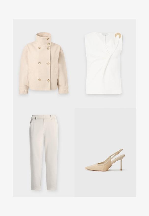 Veste croisée en laine couleur crème avec col montant, six boutons, deux poches latérales et bracelets de manche réglables.; Blouse sans manches blanche avec un design croisé, présentant un détail décoratif en forme d'anneau doré sur l'épaule droite.; Pantalon beige droit avec passants pour ceinture, poches latérales et fermeture éclair à l'avant sur un fond uni.; Escarpins slingback beiges à bout pointu, fabriqués dans un matériau texturé, avec un talon fin et une sangle ajustable.