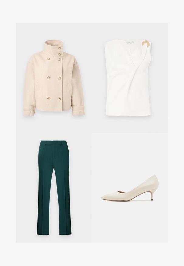 Veste croisée en laine couleur crème avec col montant, six boutons, deux poches latérales et bracelets de manche réglables.; Blouse sans manches blanche avec un design croisé, présentant un détail décoratif en forme d'anneau doré sur l'épaule droite.; Pantalon vert foncé, fabriqué en tissu lisse. Caractéristiques : coupe ajustée, devant plat et jambes droites avec un ourlet net. Sans motifs ni accents visibles.; Escarpin beige à petit talon avec un bout pointu et un dessus lisse et brillant. Présente une subtile découpe le long de la voûte et un talon fin et effilé.
